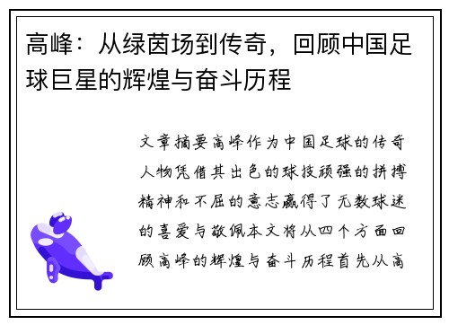 高峰：从绿茵场到传奇，回顾中国足球巨星的辉煌与奋斗历程